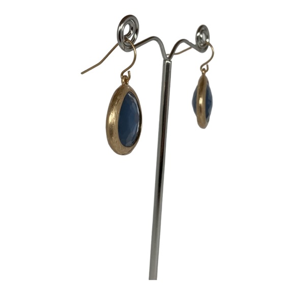 Gold Teardrop Dangle Earrings with Navy Blue - Picture 3 of 4